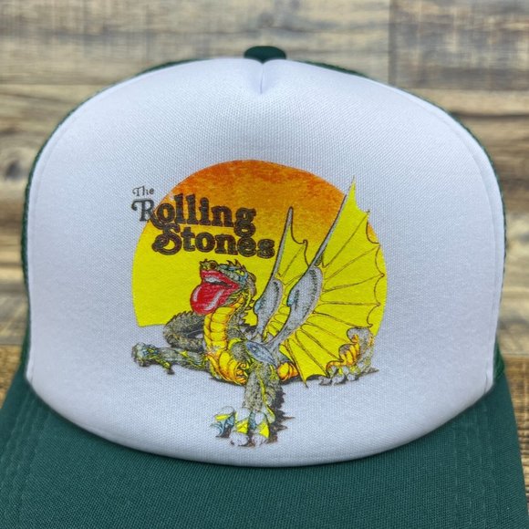 Rolling Stones Mens Trucker Hat Green Snapback World Tour Dragon 1978 Ball Cap - Picture 3 of 8